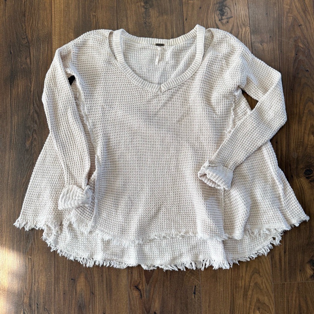 Free People Moonshine Cold Shoulder Cream Waffle Knit Sweater Size S Boho Cotton